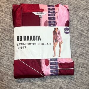 BB Dakota Satin Notch Collar PJ Set in Burgundy and Pink Heart Print
